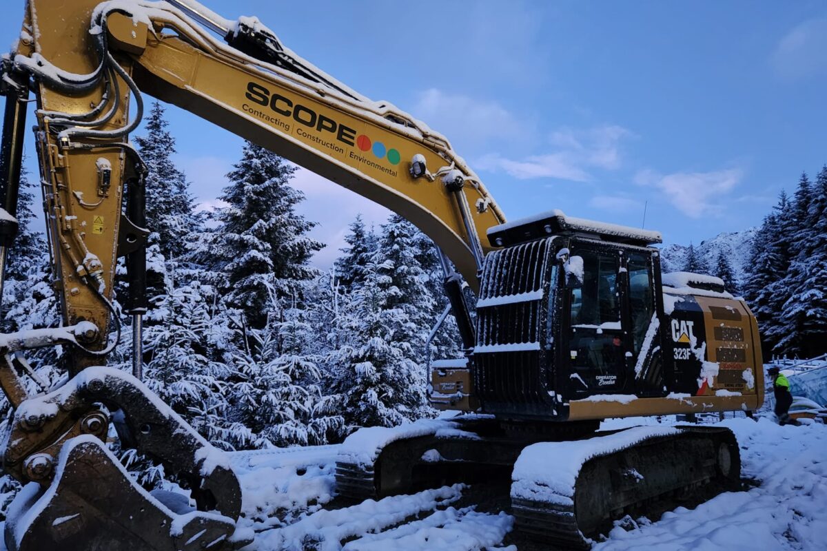 image of Scope Group excavator at snowy Queenstown Skyline Gondola in NZ