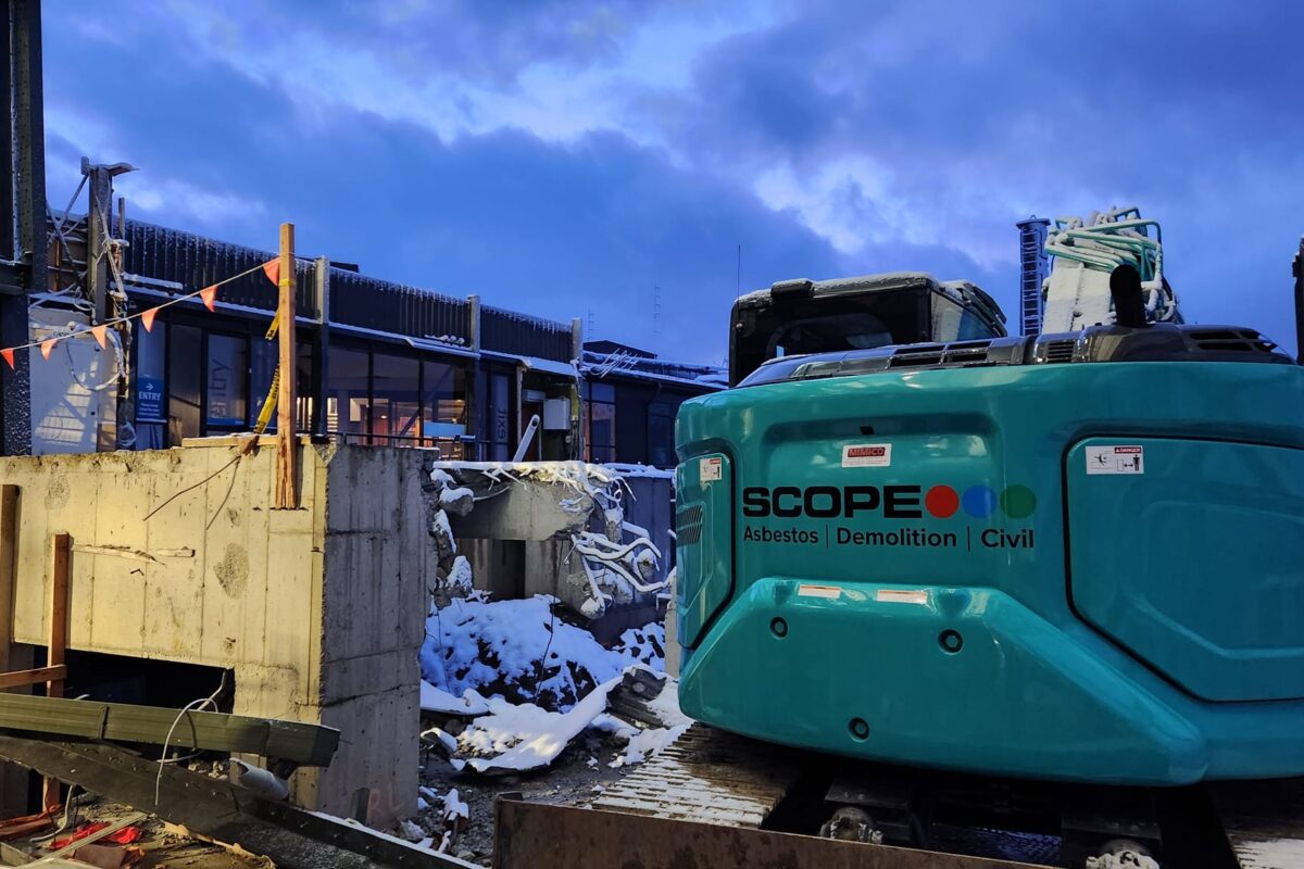 image of Scope Group providing demolition and deconstruction services to a snowy Queenstown Skyline Gondola in NZ